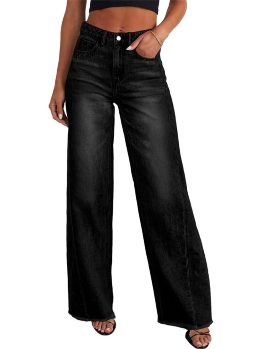 Women's Black Leg Jeans High Waisted Stretchy Length Side Seam Denim Pants